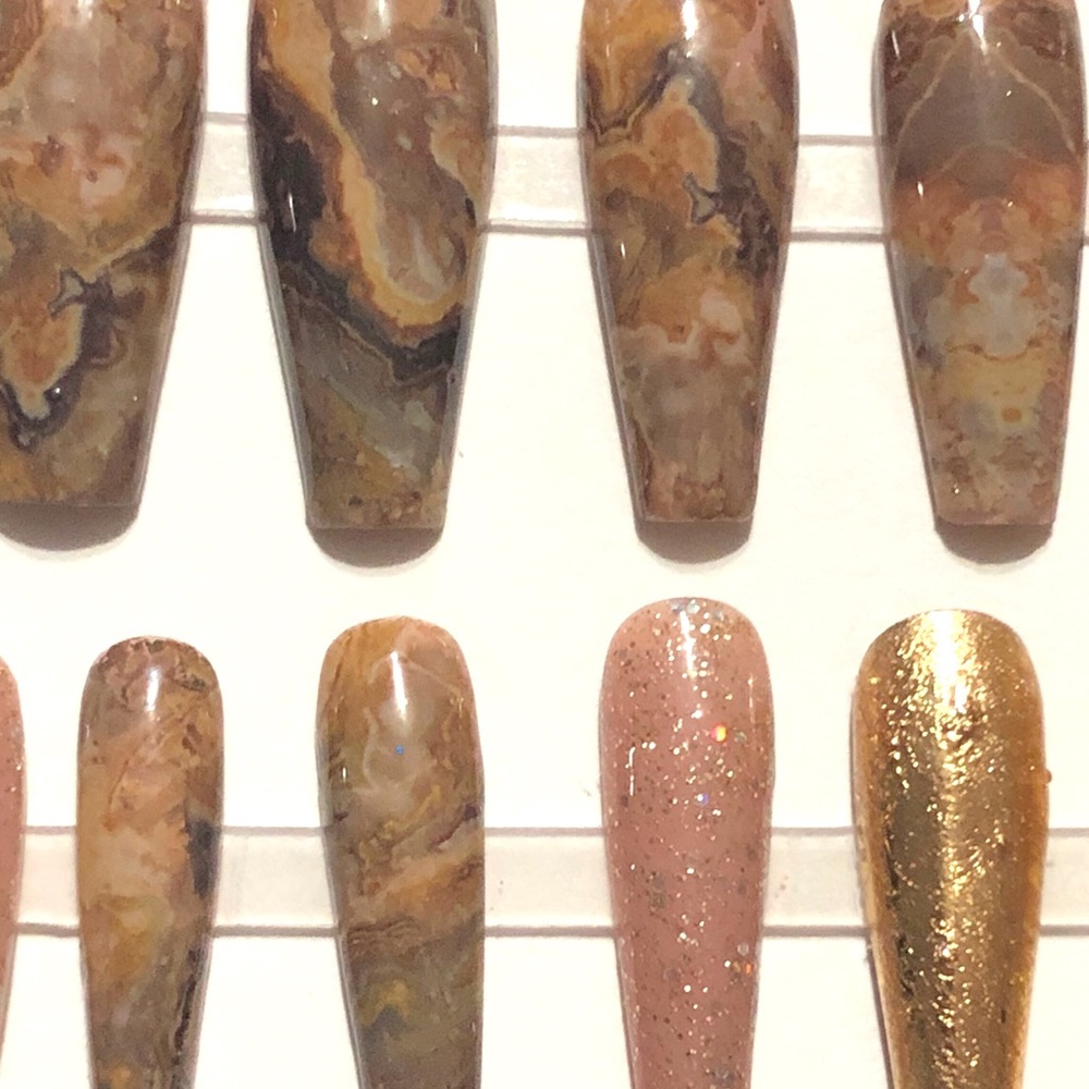 Handmade Custom Press on Nails Long Coffin UV Gel Brown Tan Marble Gold Metallic - Picture 8 of 9
